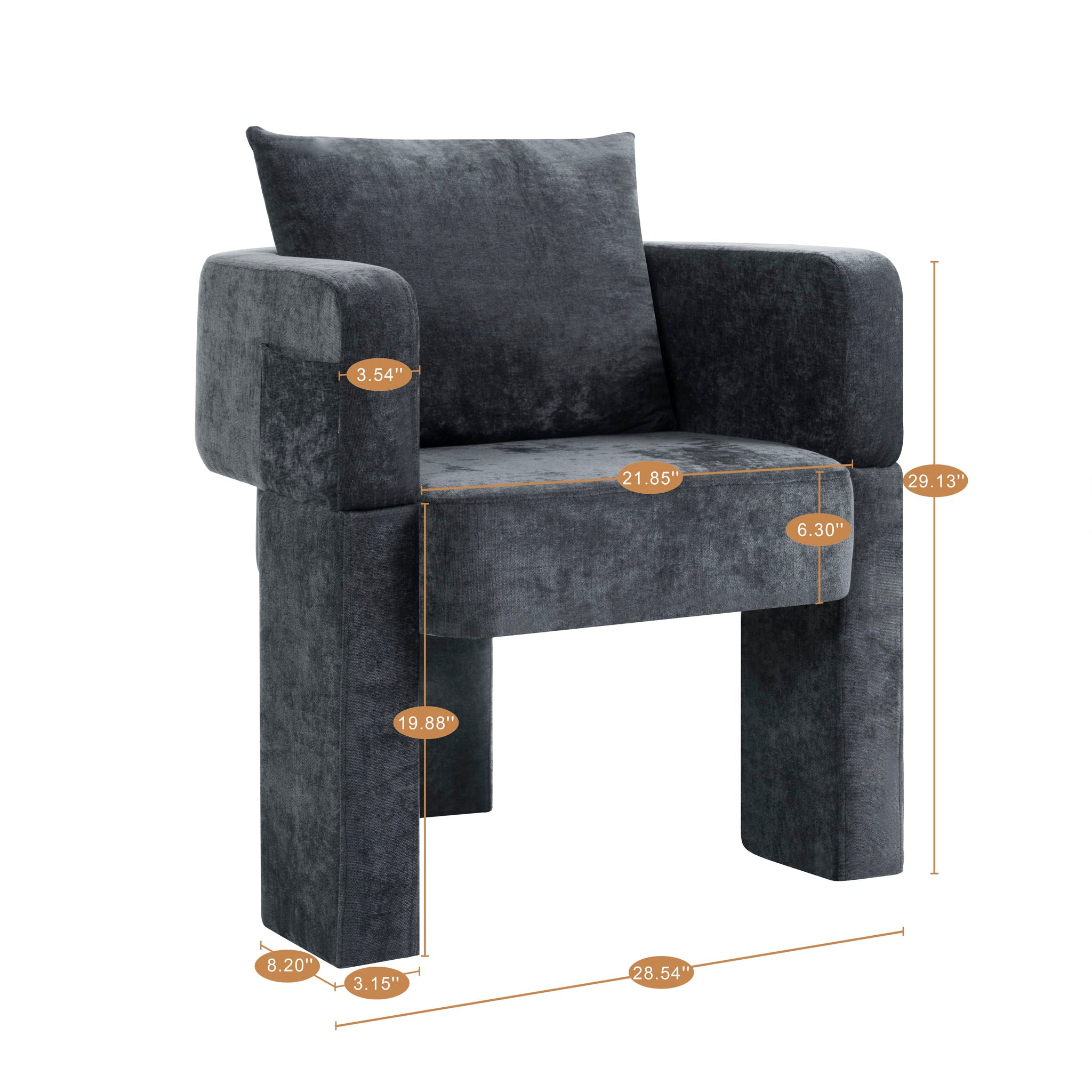 Modern 3 Leg Chenille Accent Chair With Ergonomic Arms &amp; Removable Pillow