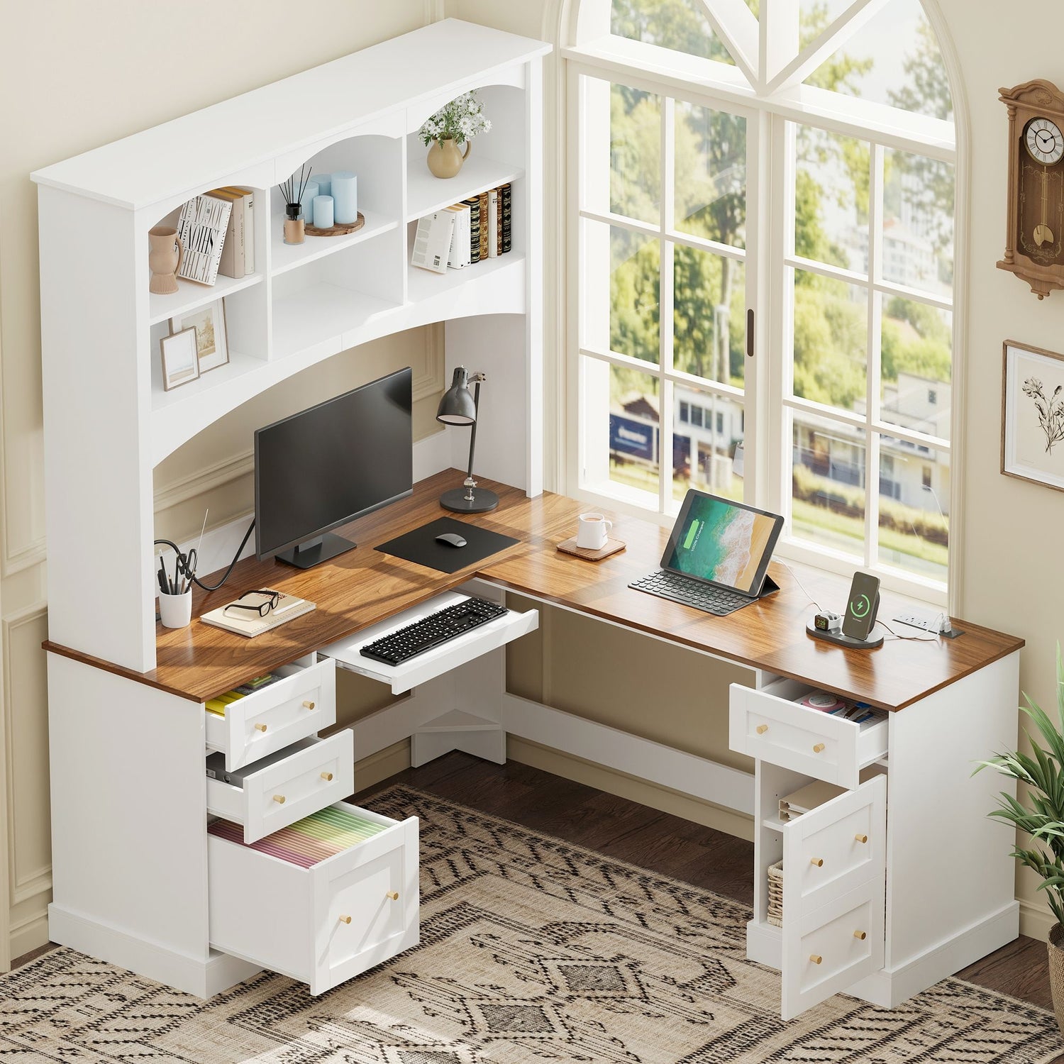 Space Saving L-Shaped Computer Desk With Keyboard Tray &amp; Charging Stations
