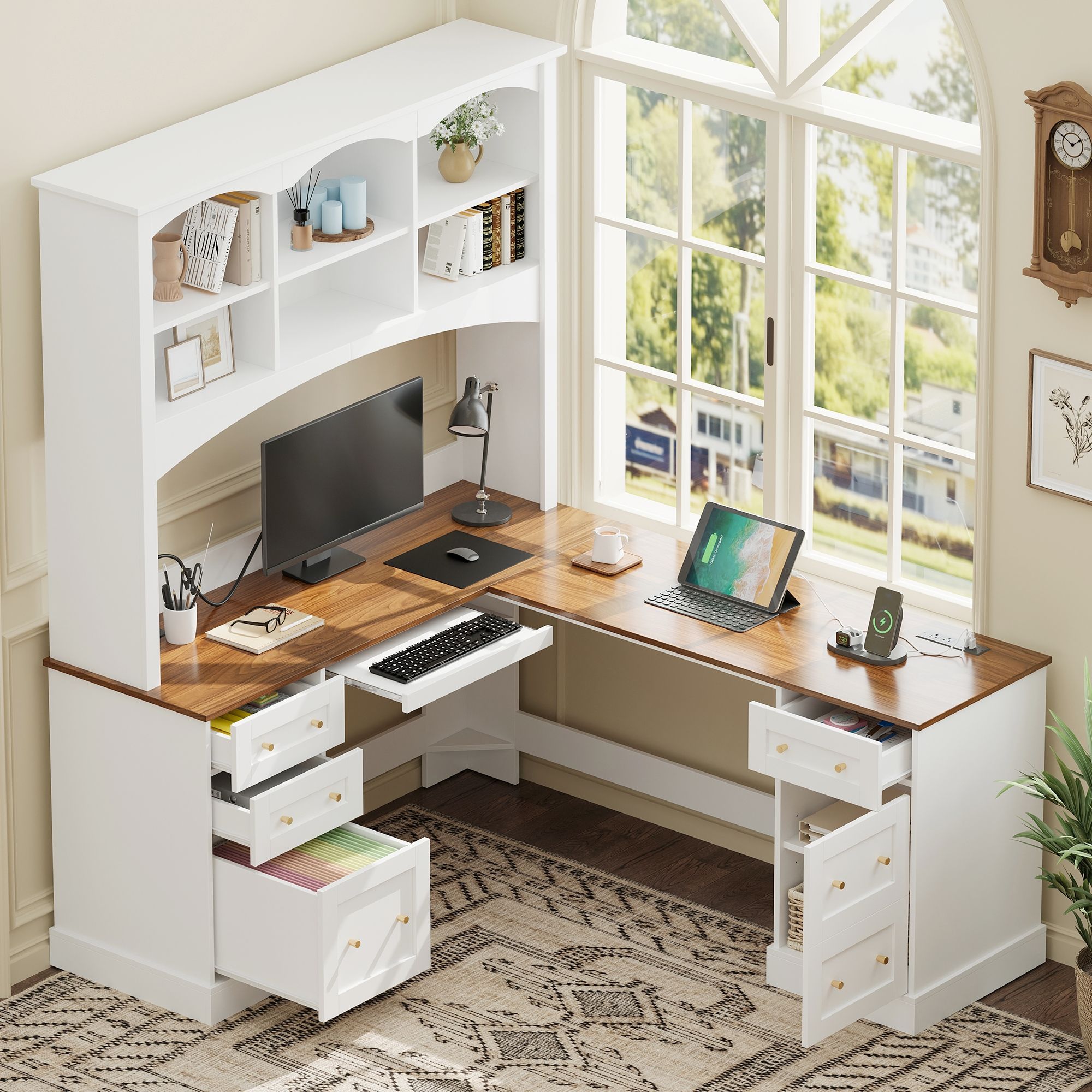 Space Saving L-Shaped Computer Desk With Keyboard Tray &amp; Charging Stations