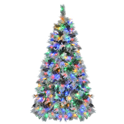 6FT Pre-Lit Spruce Snow Flocked Christmas Tree with Pine Cones, Artificial Xmas Tree with 403 Branch Tips,Mixed PE &amp; PVC Branches, 250 Multi-Color LED Lights, 11 Flashing Modes, Holiday Décor