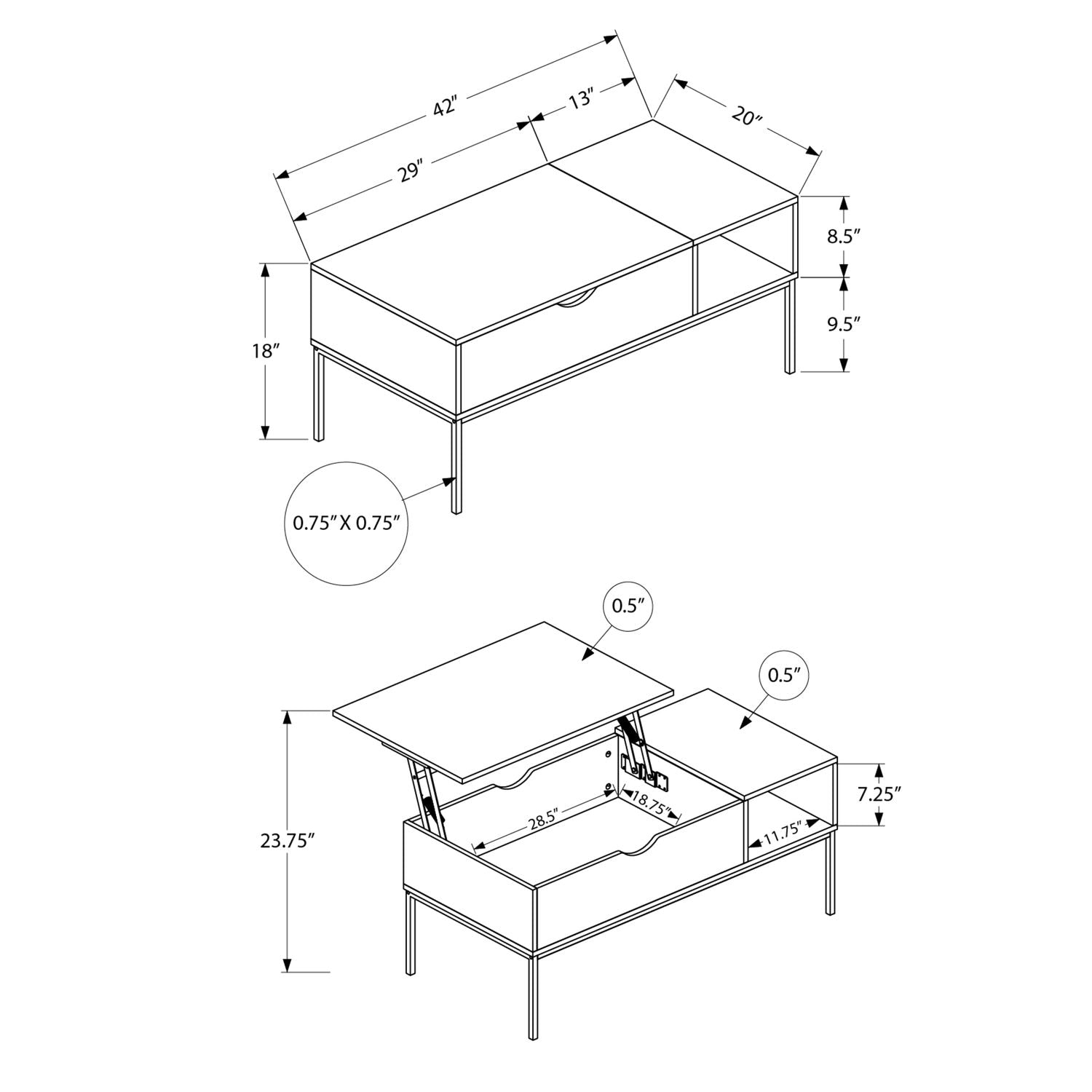 Table, Rectangular, Cocktail, Functional Lift-Top, Contemporary &amp; Modern