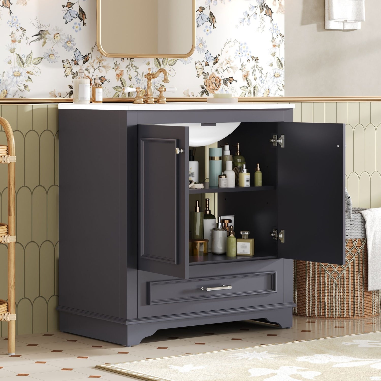Bathroom Vanity With Sink, Cabinet &amp; 2 Soft Closing Doors &amp; Adjustable Shelf