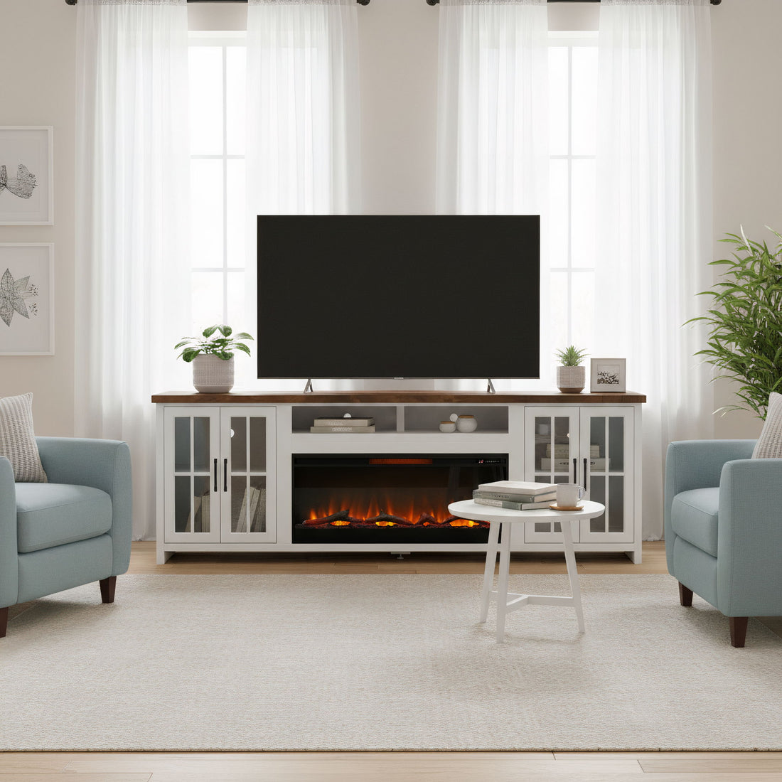 Fireplace TV Stand Console &amp; Fixed Shelves