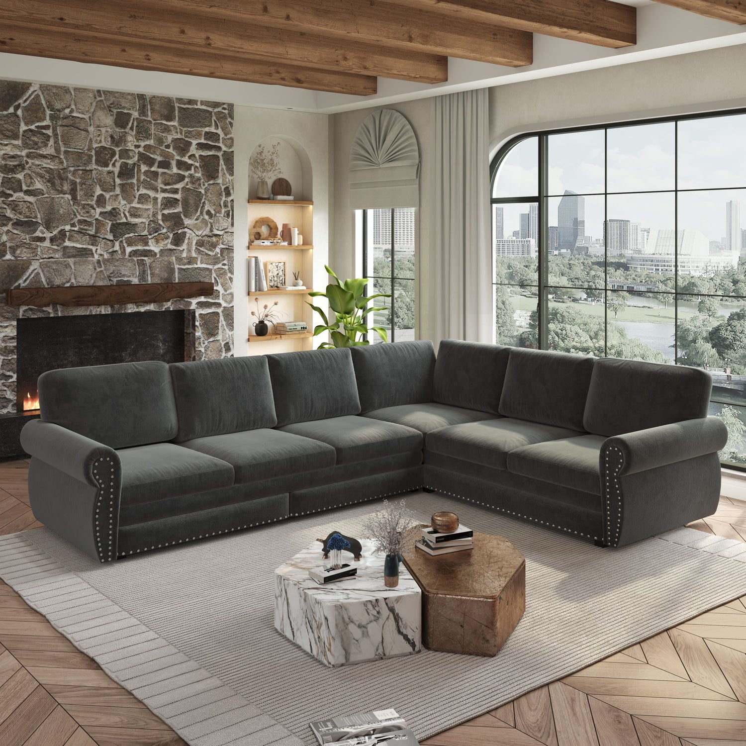 L-Shaped Sofa Couch With Pull Out Bed With Nailhead Trim &amp; Rolled Arm