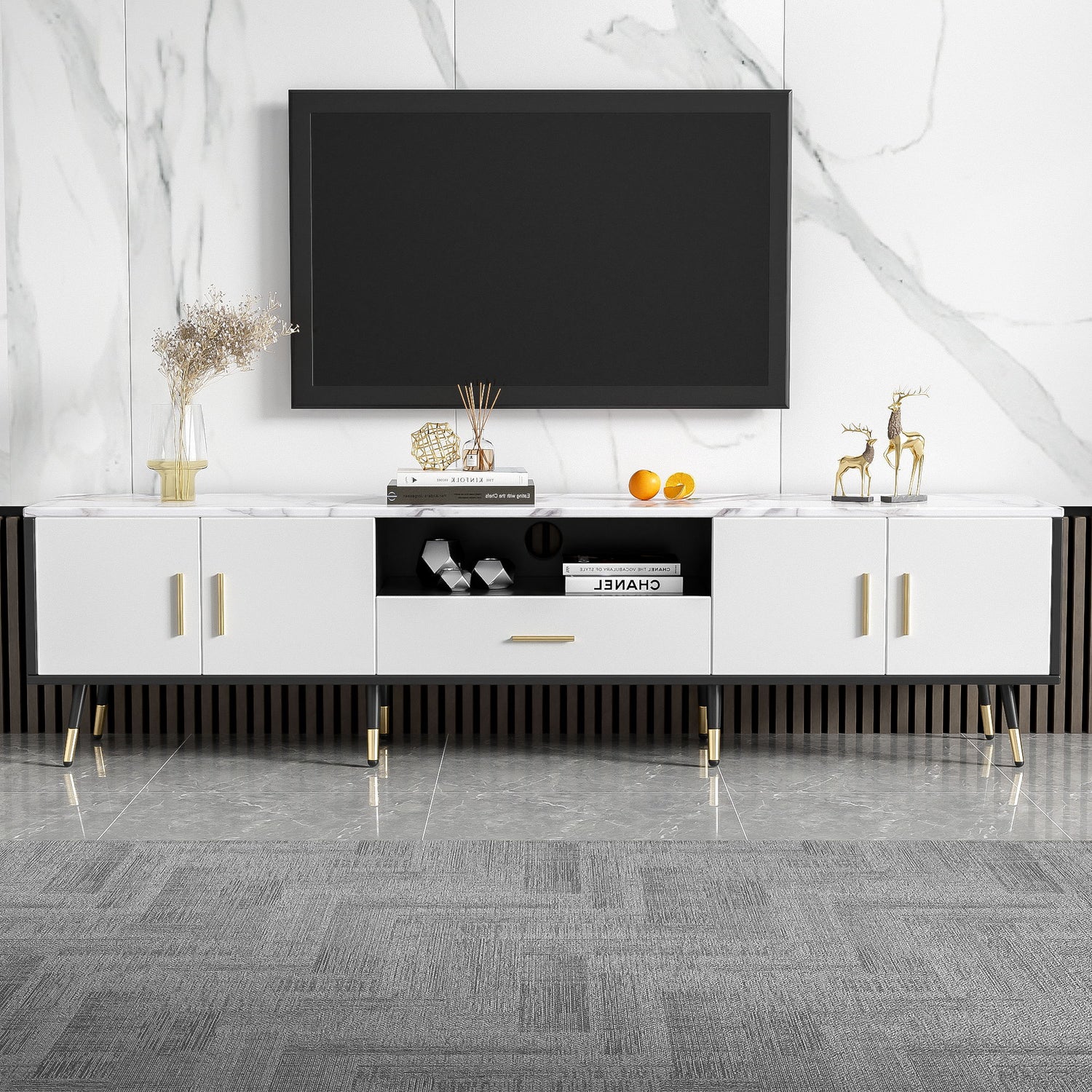 Modern TV Stand With 2 Cabinets &amp; Open Compartments, Entertainment Center For Tvs Up To 80&
