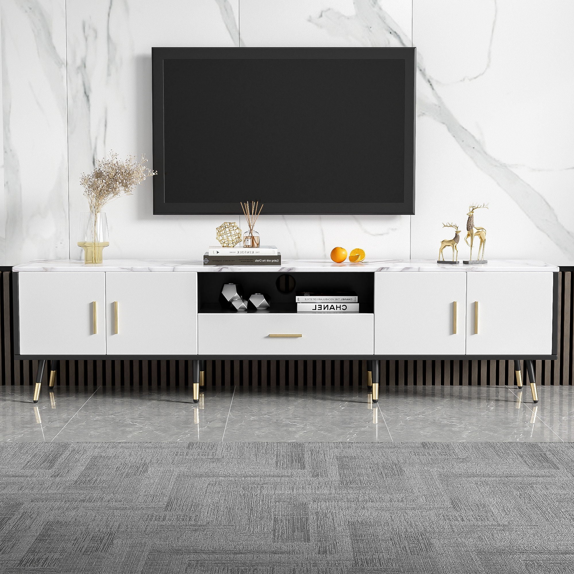 Modern TV Stand With 2 Cabinets &amp; Open Compartments, Entertainment Center For Tvs Up To 80&