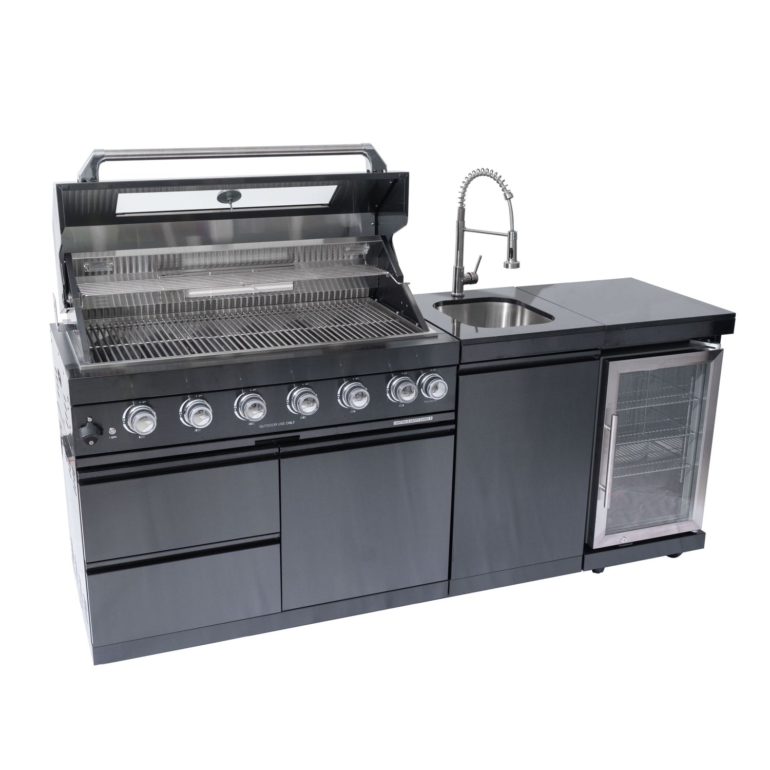 6 Burner 85, 000 Btu Outdoor Kitchen Island Grill With Wine Cooler Refrigerator, Rotisserie Kit, Granite Countertops &amp; Sink - Black