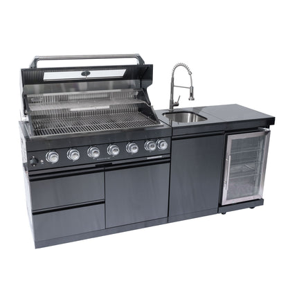 6 Burner 85, 000 Btu Outdoor Kitchen Island Grill With Wine Cooler Refrigerator, Rotisserie Kit, Granite Countertops &amp; Sink - Black