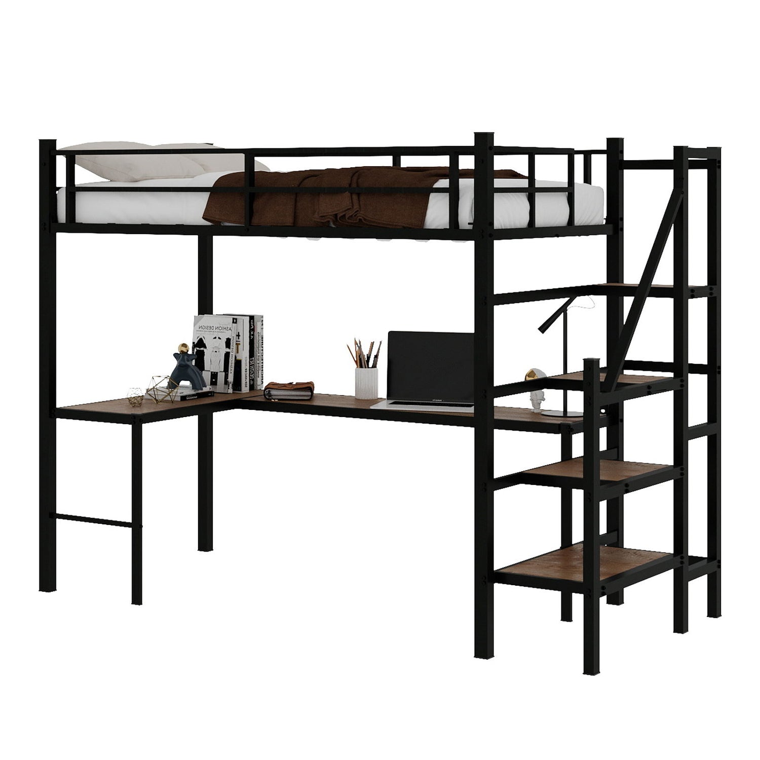 Loft Bed &amp; L-Shaped Desk, Large Storage Space