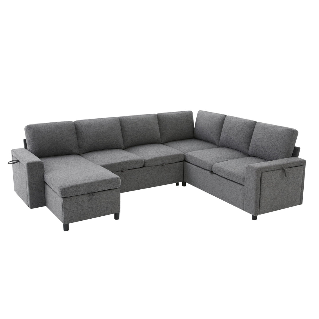 U - Shaped Convertible Sectional Sofa Bed With Storage, USB Charger &amp; Cup Holders