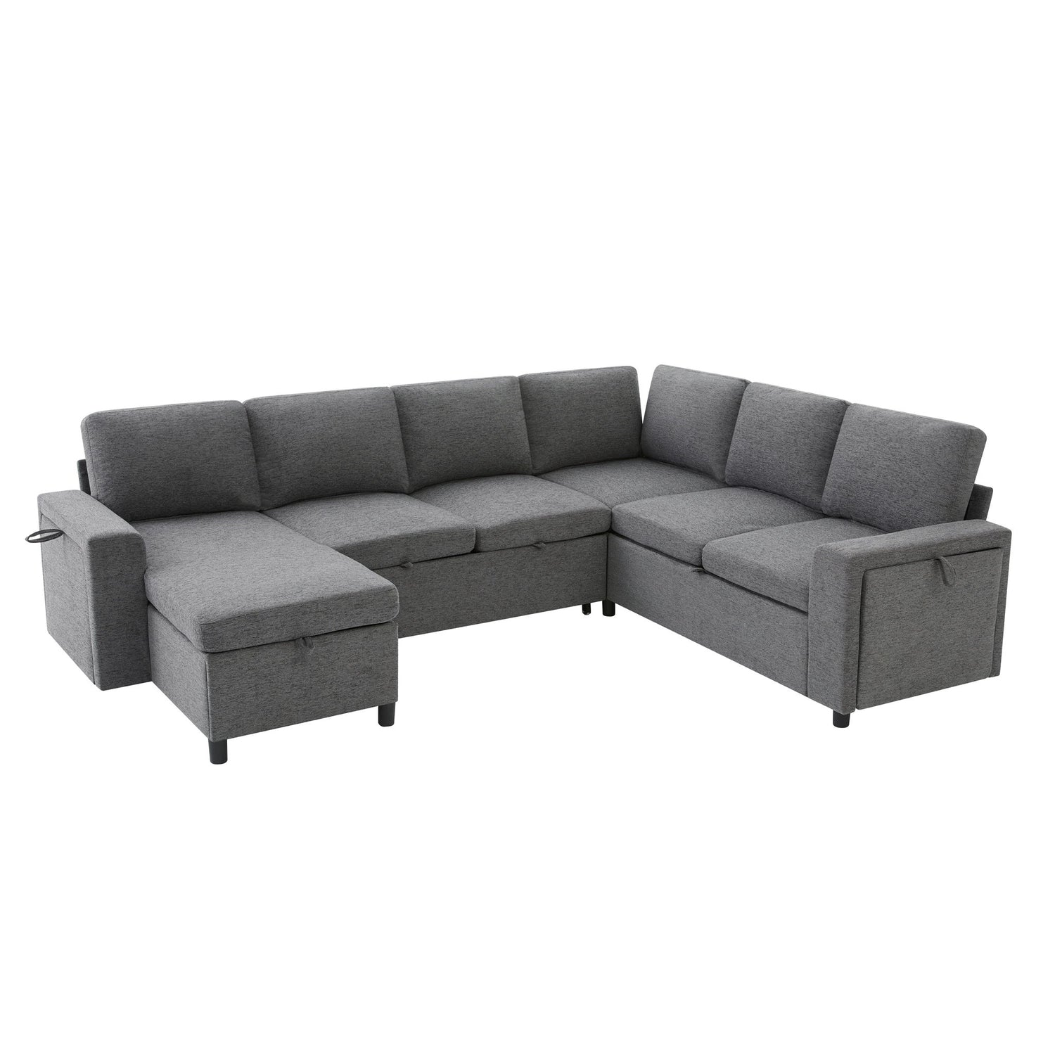 U - Shaped Convertible Sectional Sofa Bed With Storage, USB Charger &amp; Cup Holders
