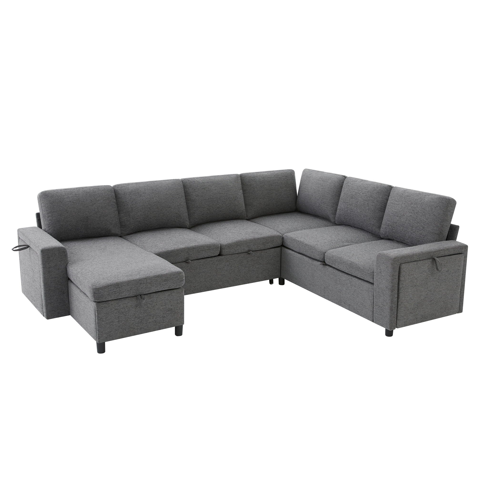 U - Shaped Convertible Sectional Sofa Bed With Storage, USB Charger &amp; Cup Holders