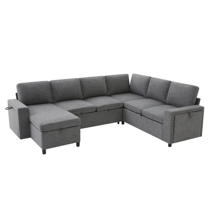 U - Shaped Convertible Sectional Sofa Bed With Storage, USB Charger &amp; Cup Holders