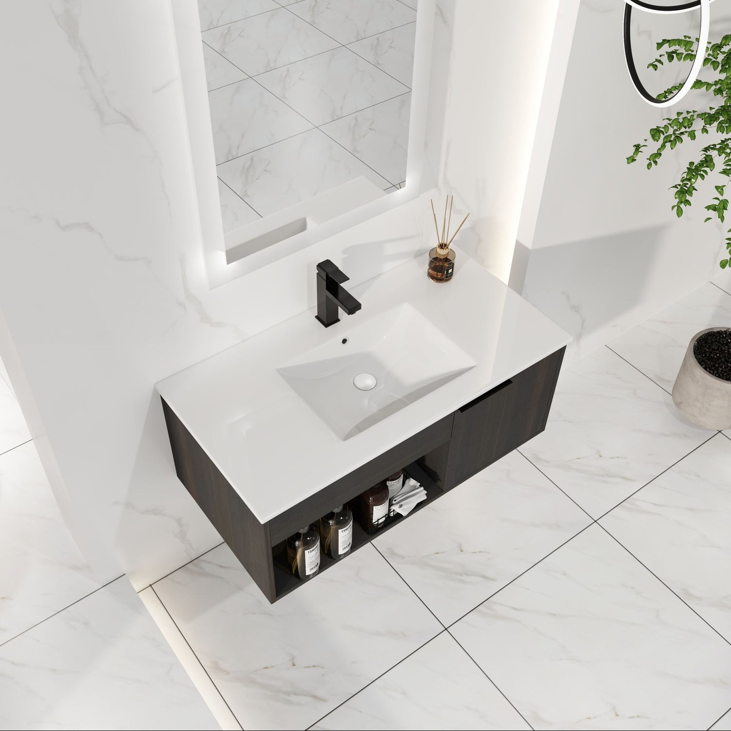 Wall Mounted Floating Bathroom Vanity With Open Shelf &amp; Soft Close Door