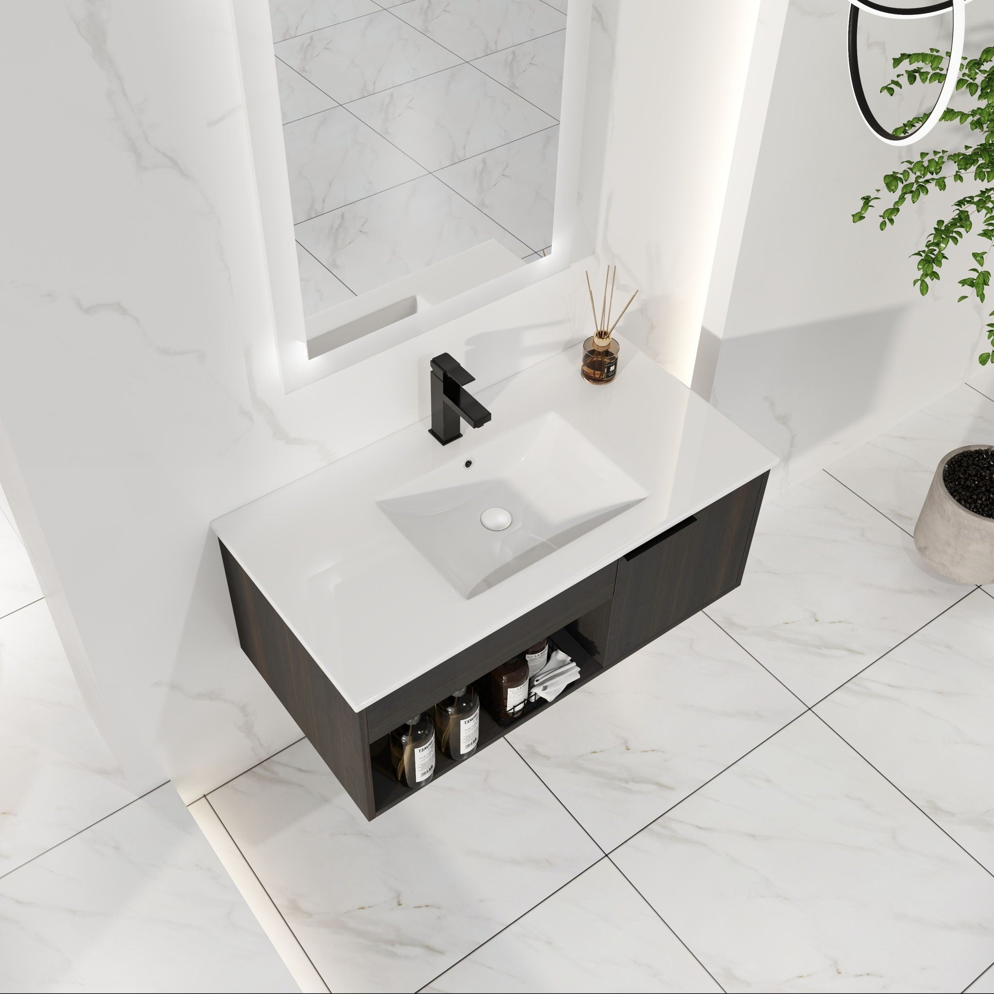Wall Mounted Floating Bathroom Vanity With Open Shelf &amp; Soft Close Door