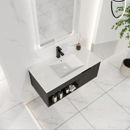 Wall Mounted Floating Bathroom Vanity With Open Shelf &amp; Soft Close Door