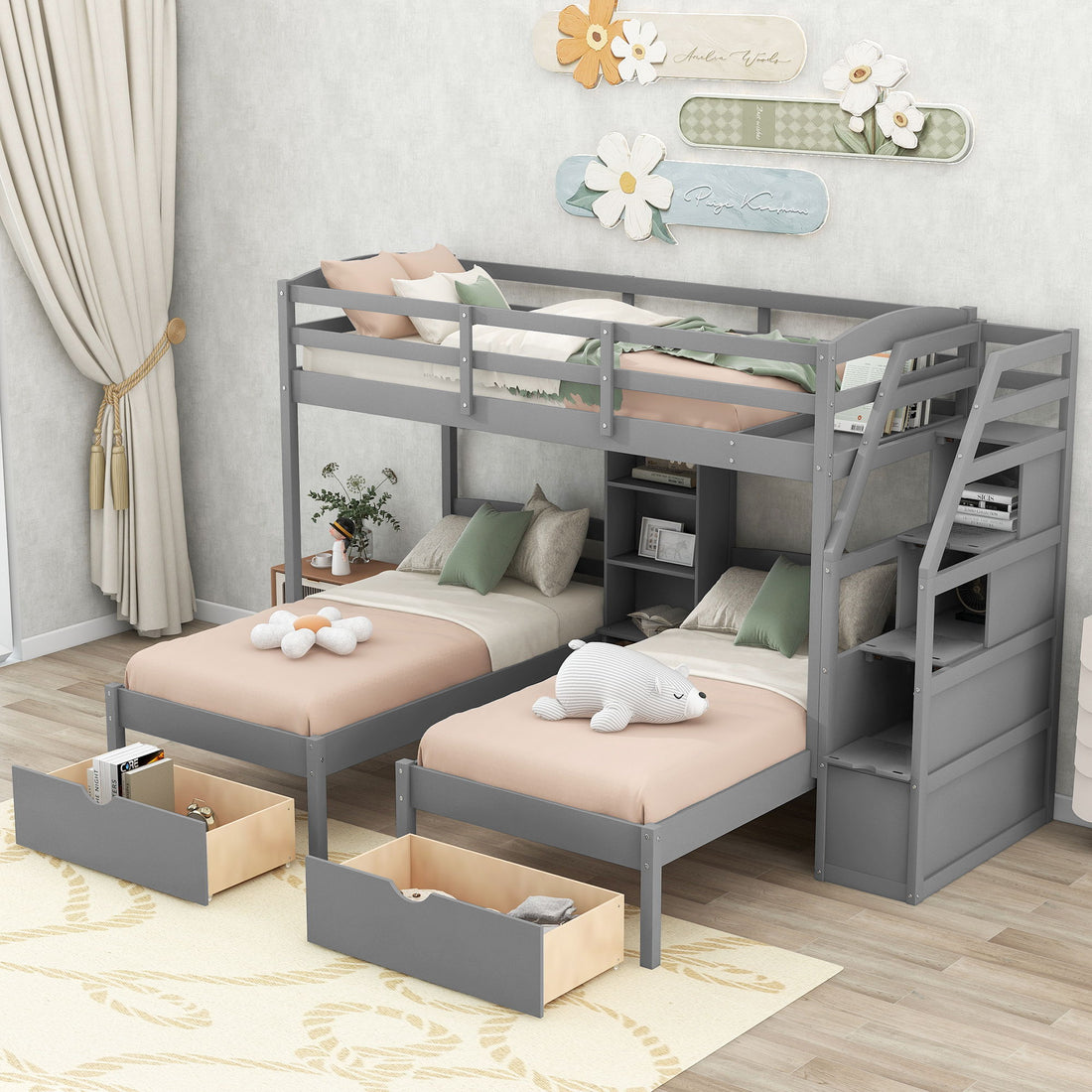 Twin Over Twin &amp; Twin Bunk Bed With Drawers, Staircase Storage, Built In Shelves - Gray