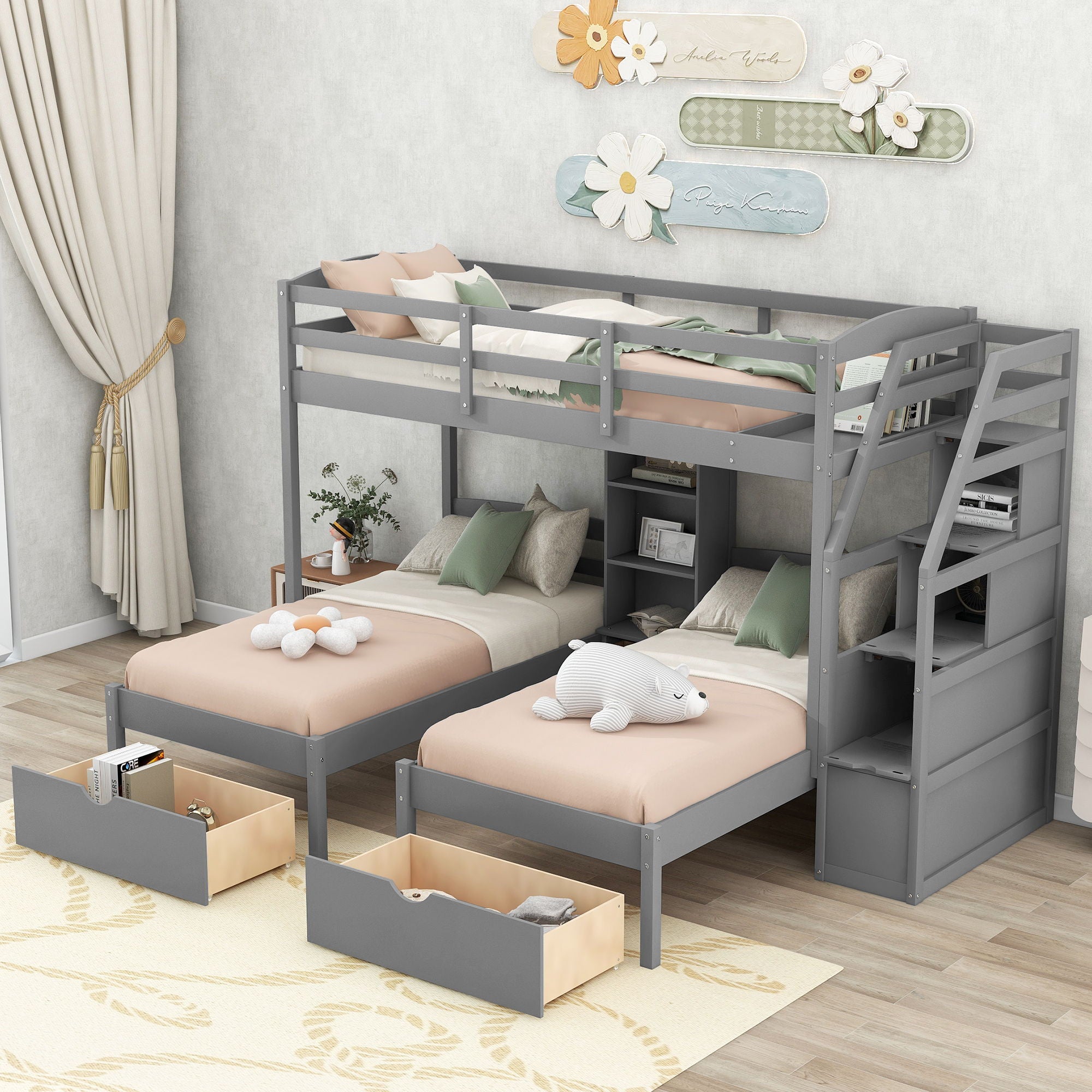 Twin Over Twin &amp; Twin Bunk Bed With Drawers, Staircase Storage, Built In Shelves - Gray