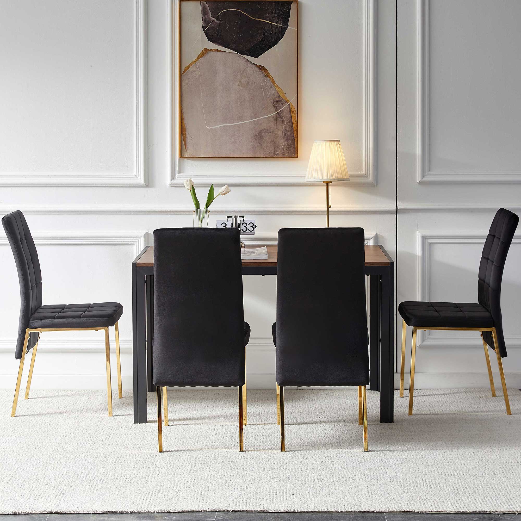 5 Pieces Dining Set Including Velvet High Back Golden Color Legs Nordic Dining Chair &amp; Creative Design Dining Table