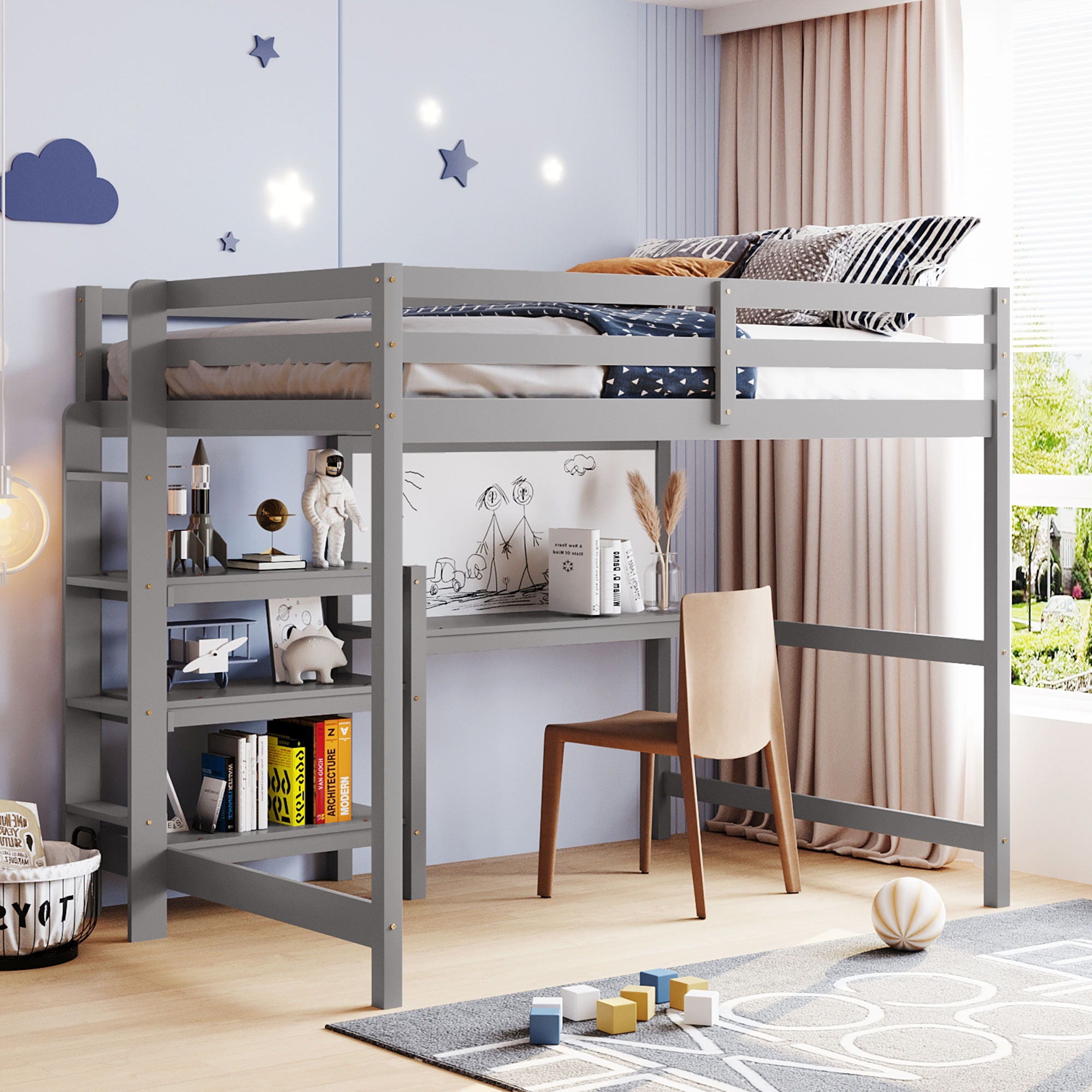 Loft Bed With Shelves, Desk And Writing Board