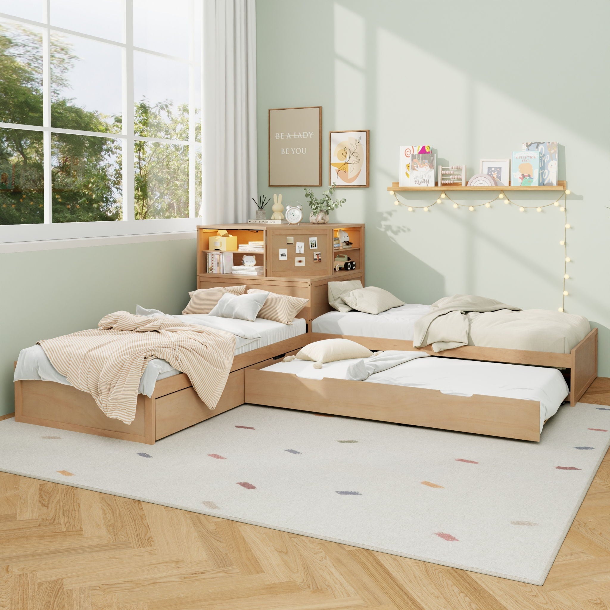 L-Shaped Bed Frame With Trundle, Built In Desk &amp; LED Lighting