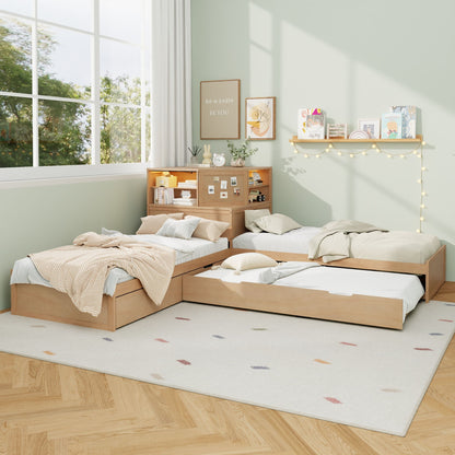 L-Shaped Bed Frame With Trundle, Built In Desk &amp; LED Lighting