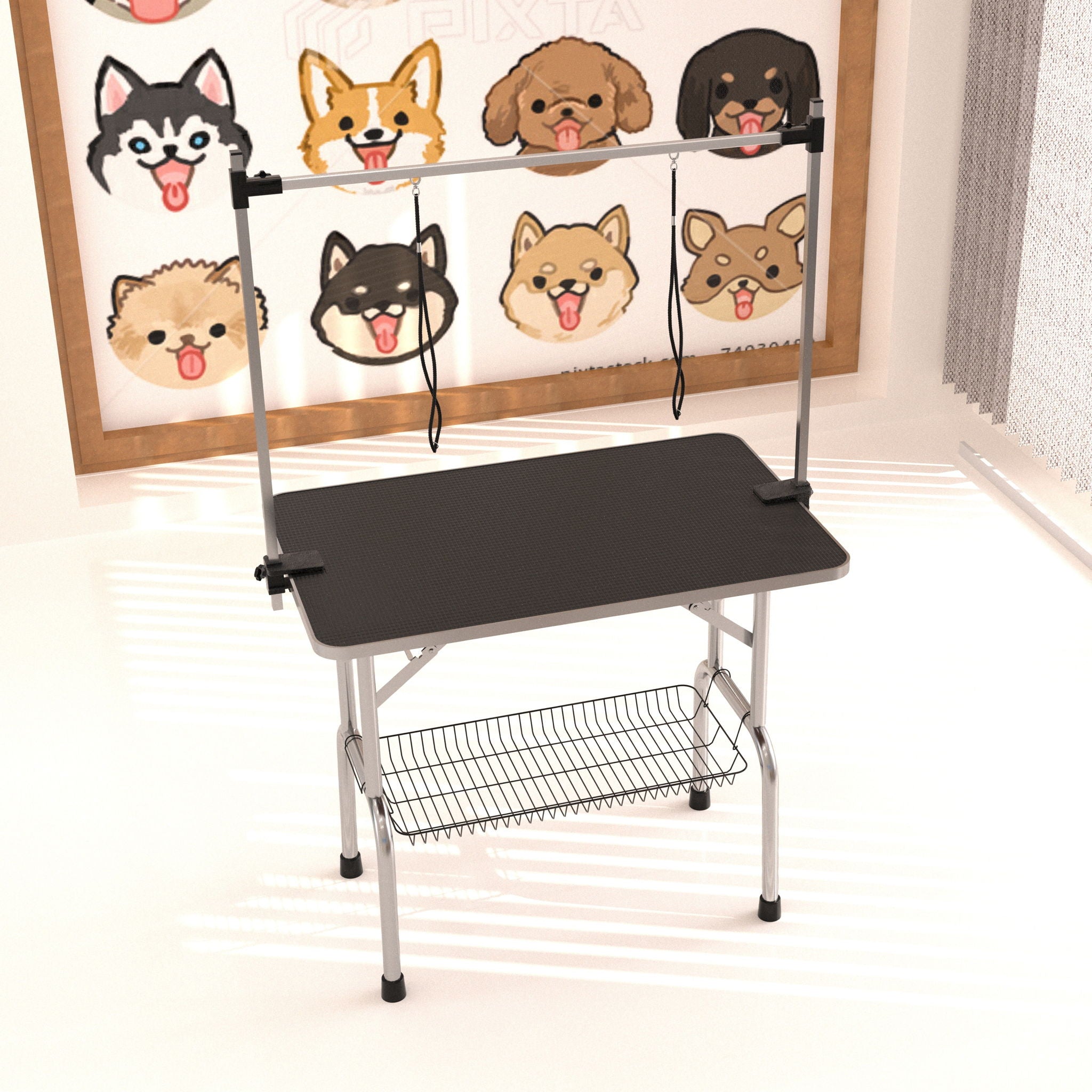 Professional Dog Pet Grooming Table Large Adjustable Heavy Duty Portable With Arm &amp; Noose &amp; Mesh Tray - Black