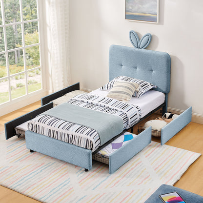 Upholstered Bed With Oversized Rabbit Ear Headboard, LED Lights &amp; 4 Storage Drawers
