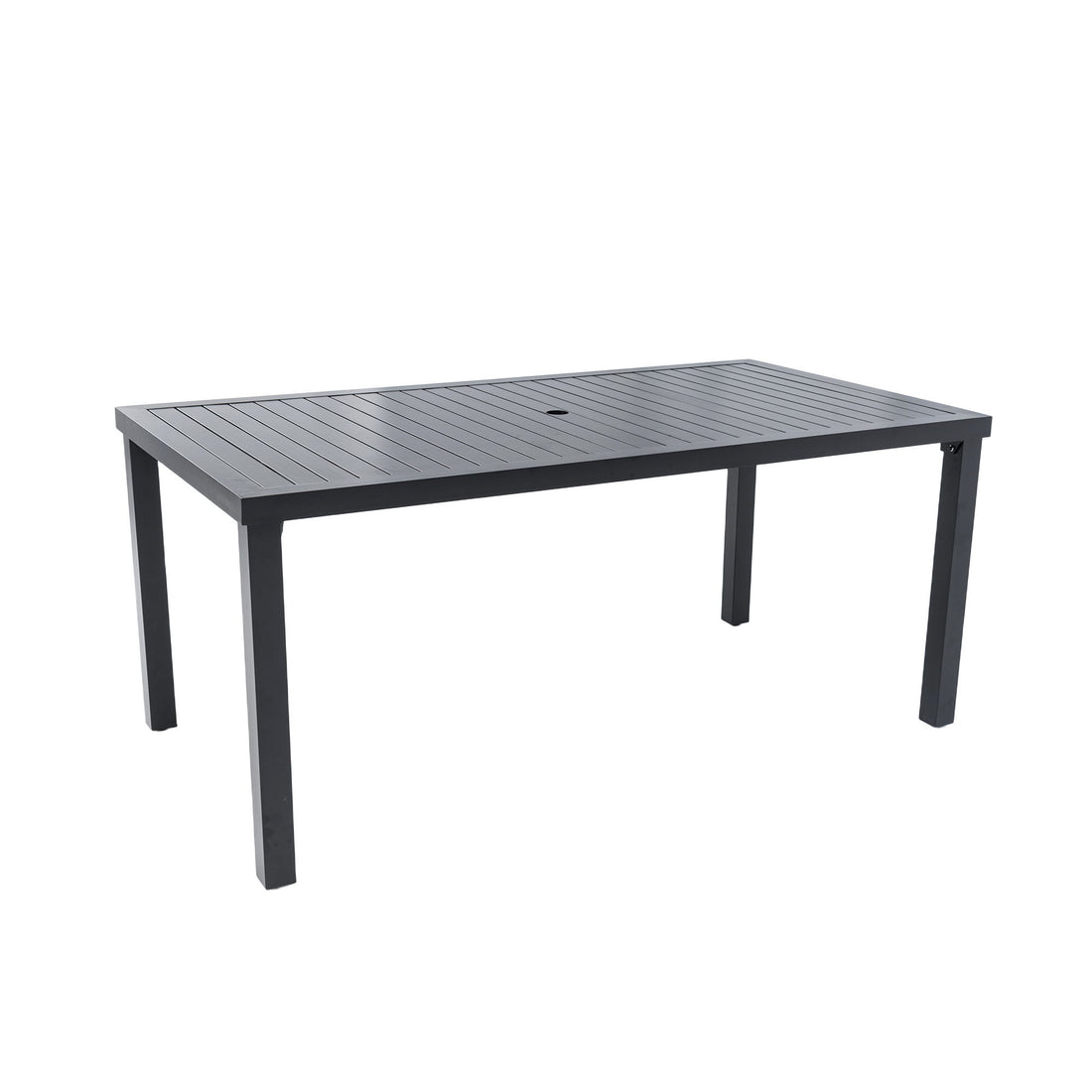 Modern Rectangular Outdoor Patio Dining Table With Post Leg Design, Rust Free &amp; Weather Resistant, Adjustable Foot Pads, Umbrella Hole With Matching Cover - Ember Black