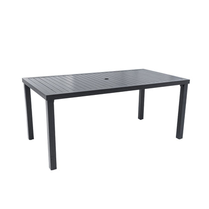 Modern Rectangular Outdoor Patio Dining Table With Post Leg Design, Rust Free &amp; Weather Resistant, Adjustable Foot Pads, Umbrella Hole With Matching Cover - Ember Black