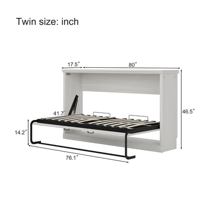 Twin Size Horizontal Murphy Bed, Hideaway Wall Bed, Folding Into Cabinet, Space Saving Furniture For Multipurpose Guest Room, Home Office - Rustic White