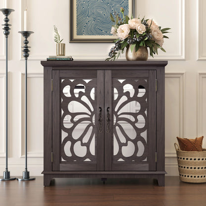 Elegant Sideboard With 2 Acrylic Mirrored Doors, Adjustable Shelf Storage