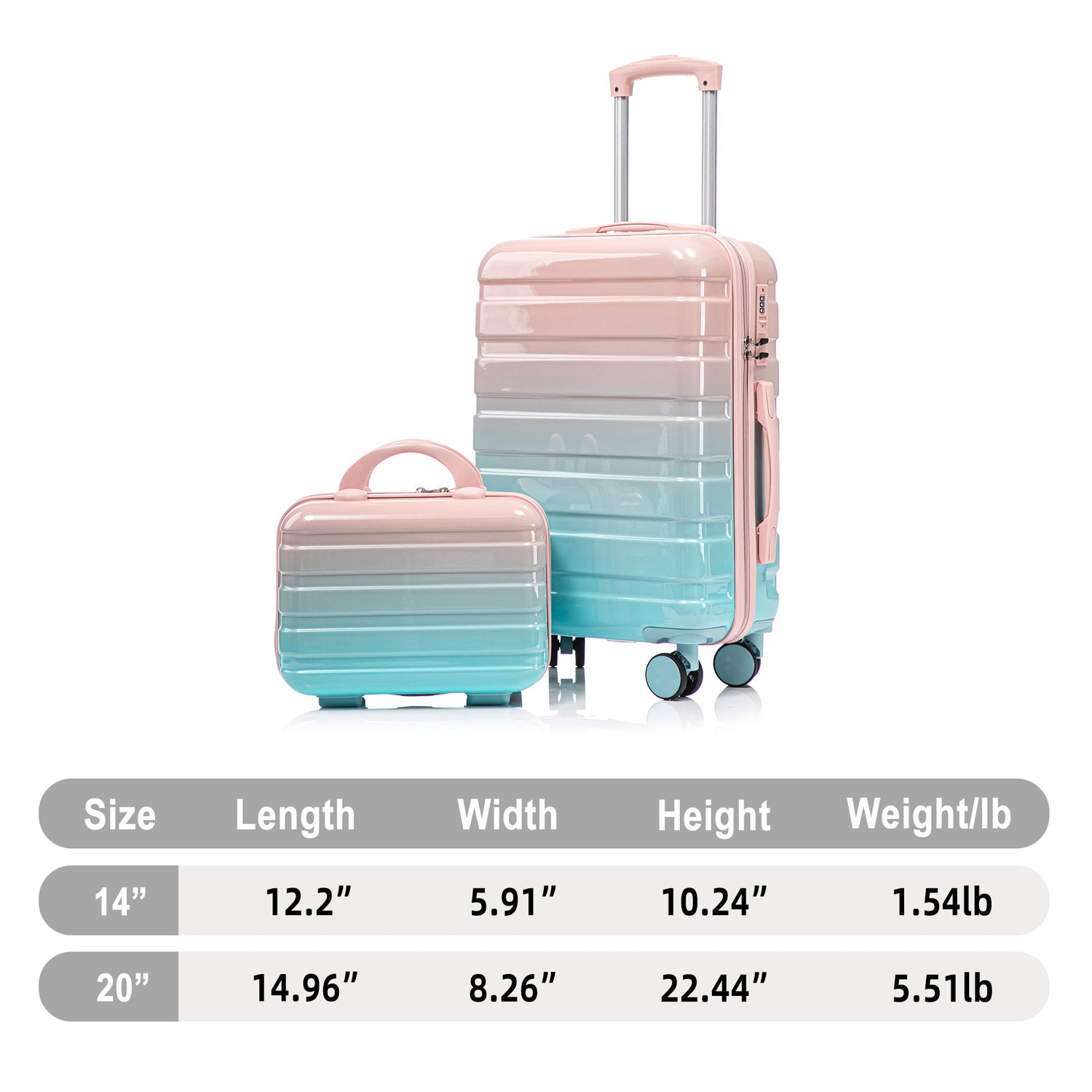 Luggage Set 14" / 20" With Combination Lock And Cosmetic Case