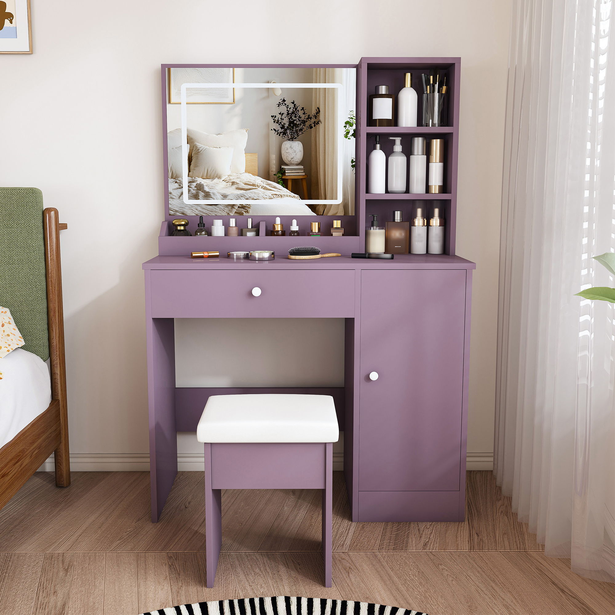 Vanity Desk Set With Padded Stool &amp; Adjustable LED Mirror, 3 Color Mode Lighting, Compact For Bedroom - Purple