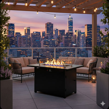 Outdoor 2 In 1 Gas Fire Pit Table With Lid &amp; Glass Shield, Stainless Burner, Lava Rock, Rectangular Design - Black