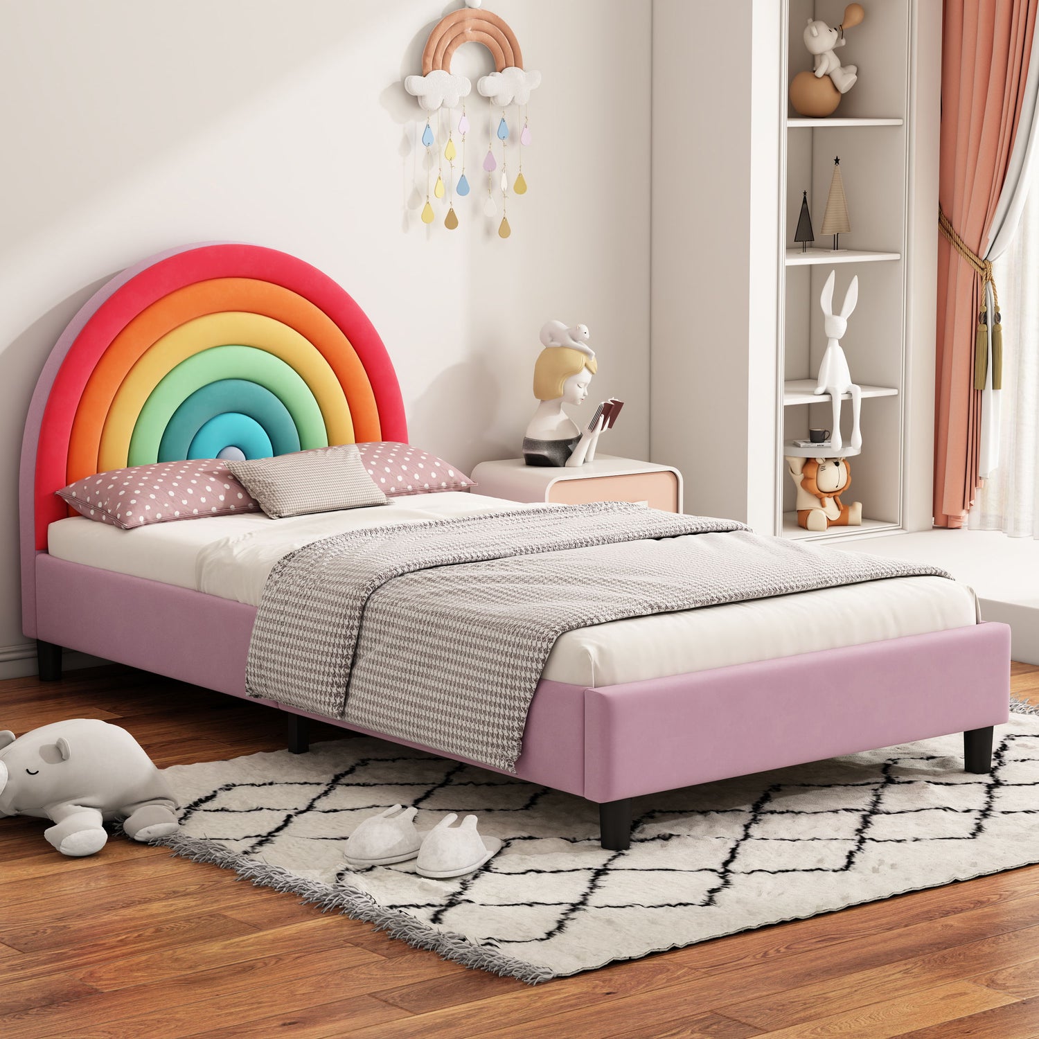 Rainbow Design Upholstered Twin Platform Bed Cute Style Princess Bed For Boys &amp; Girls, Teens - Colorful / Pink