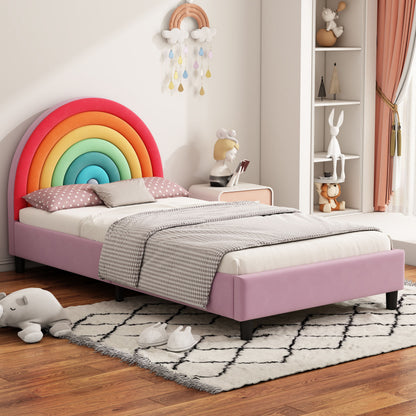 Rainbow Design Upholstered Twin Platform Bed Cute Style Princess Bed For Boys &amp; Girls, Teens - Colorful / Pink