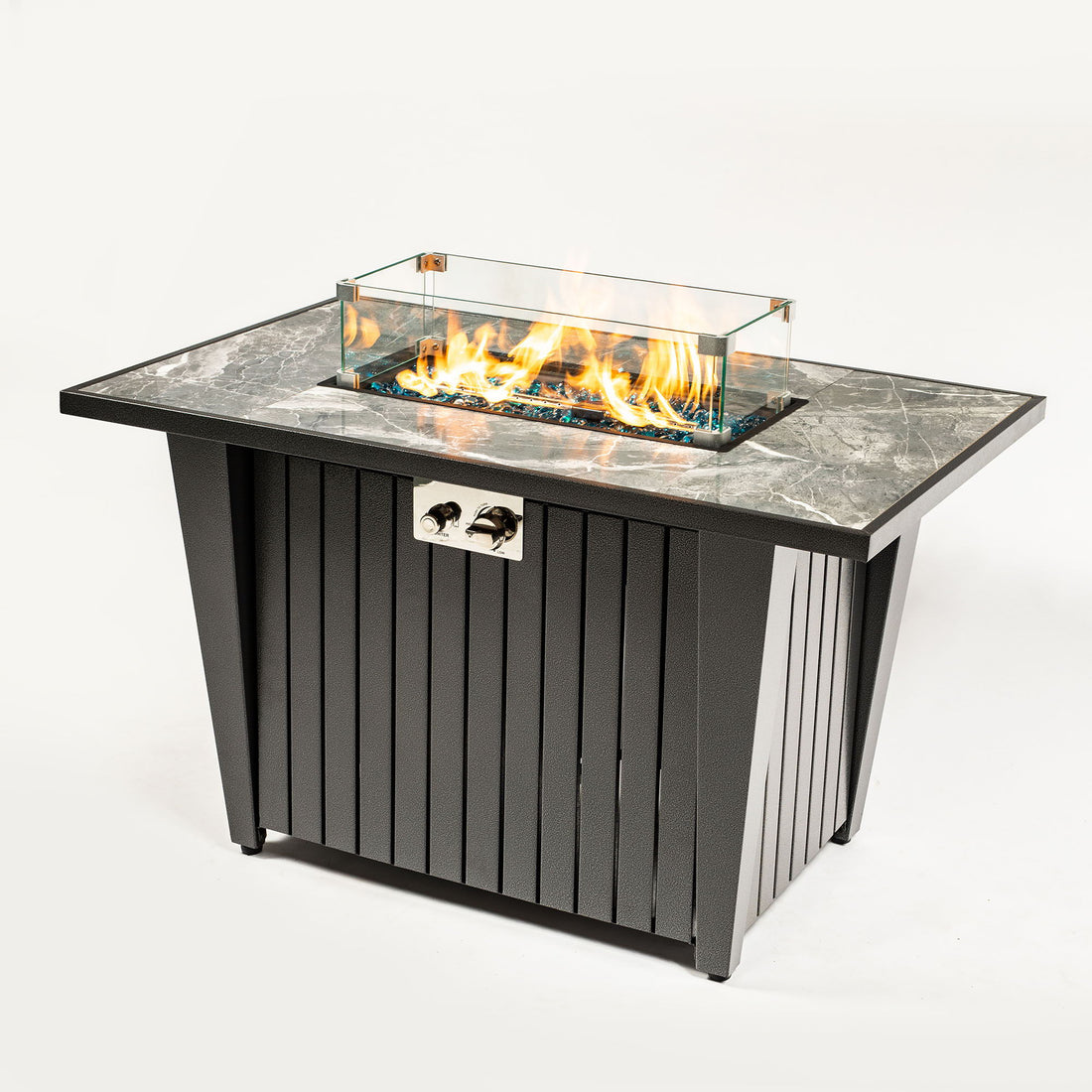 Morden Steel Fire Pit Table With Marble Tile Tabletop, Glass Wind Guard And Lid