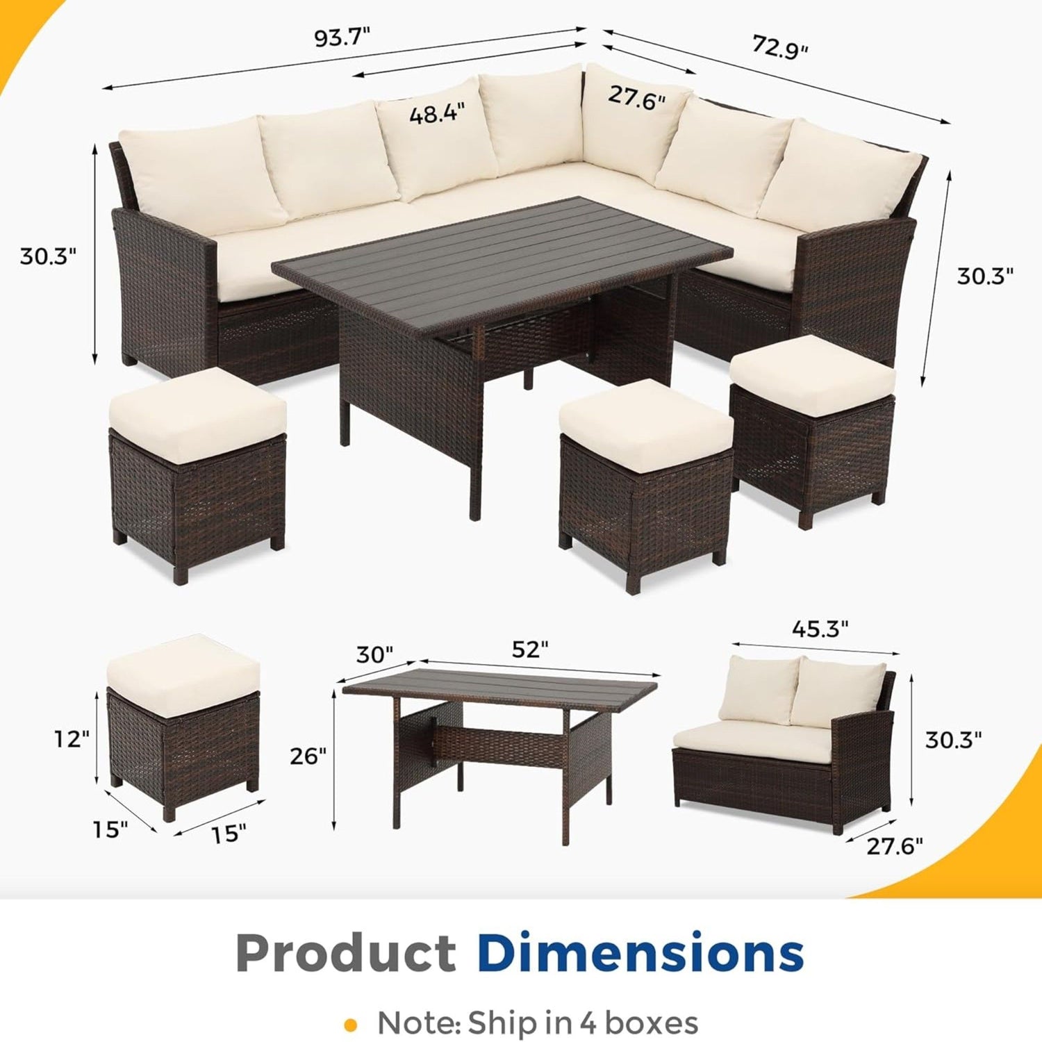 7 Piece Patio Dining Set With Cushions, Modular Sectional Sofa &amp; Storage Table