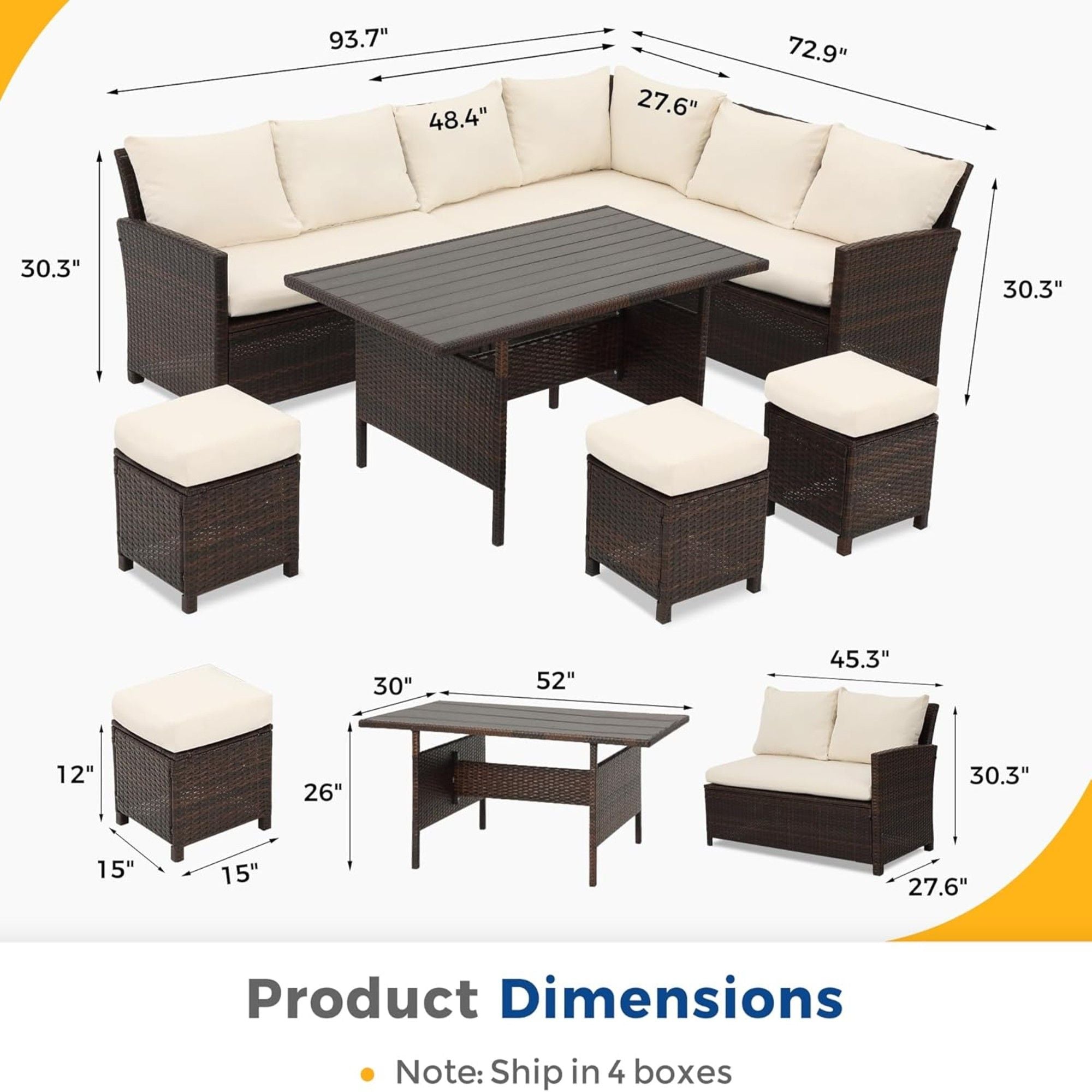 7 Piece Patio Dining Set With Cushions, Modular Sectional Sofa &amp; Storage Table