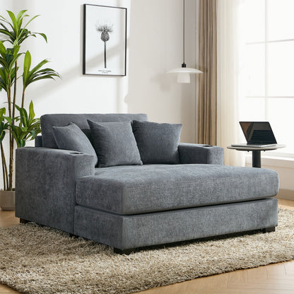 Oversized Chaise Lounger Modern Style Sofa Couch, With Pillows, Charge Station &amp; Cup Holders