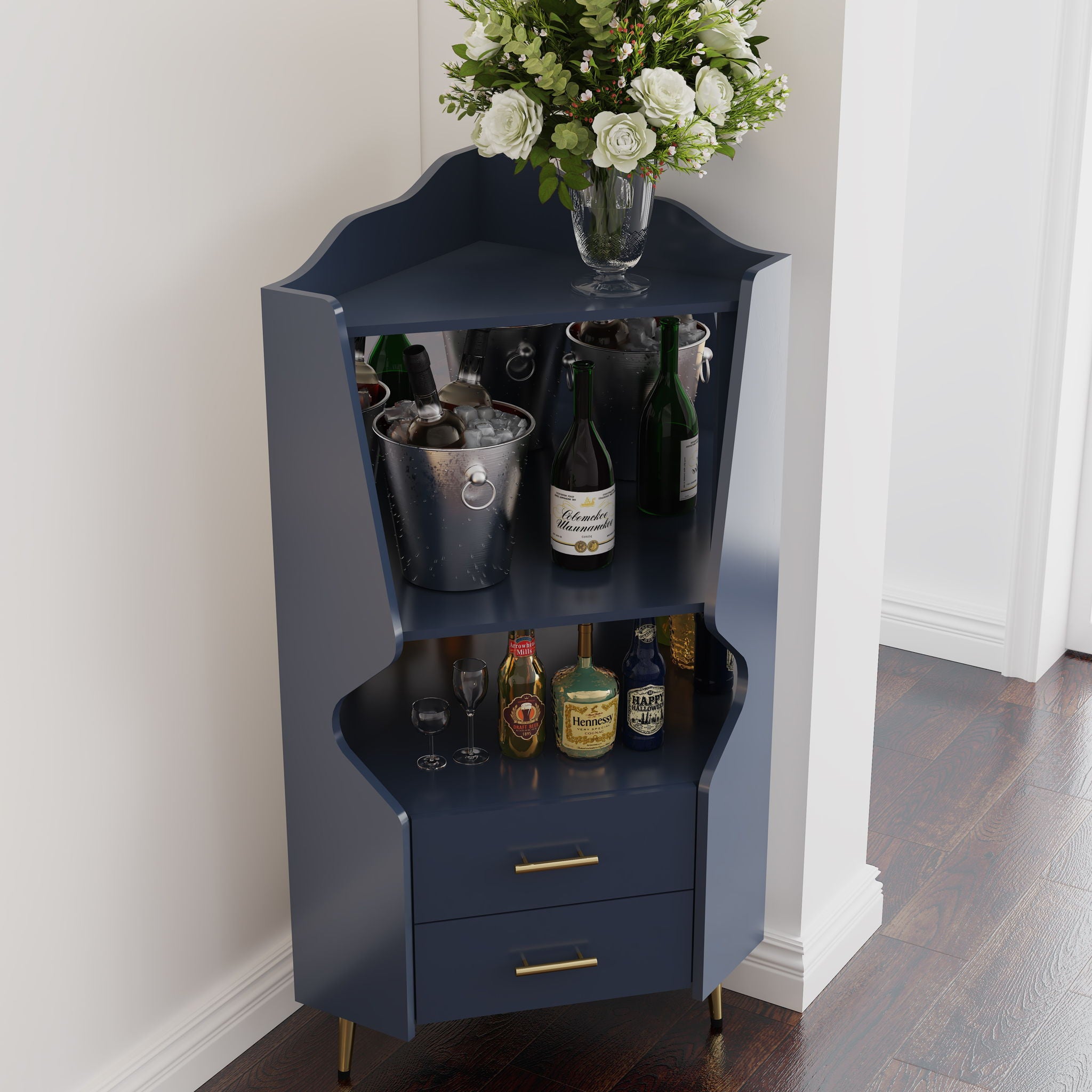 Corner Bar Cabinet With Mirrored Back, 2 Open Shelves &amp; 2 Drawers, High Legs For Easy Cleaning