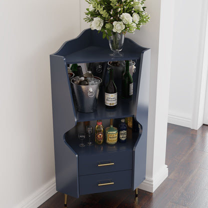 Corner Bar Cabinet With Mirrored Back, 2 Open Shelves &amp; 2 Drawers, High Legs For Easy Cleaning