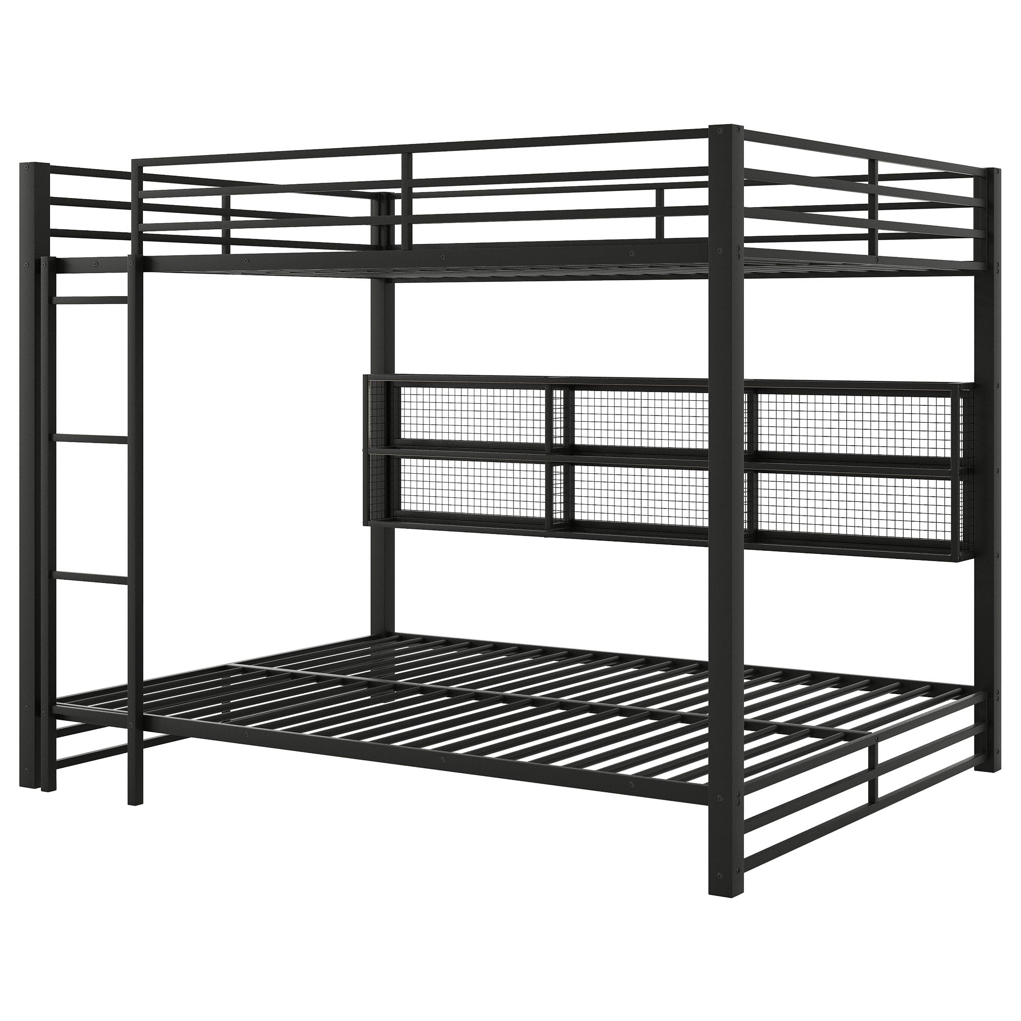 Queen Over Queen Bunk Bed With Storage Cabinets And LED Sturdy Frame, 6 Storage Units, Adjustable LED Lights - Black