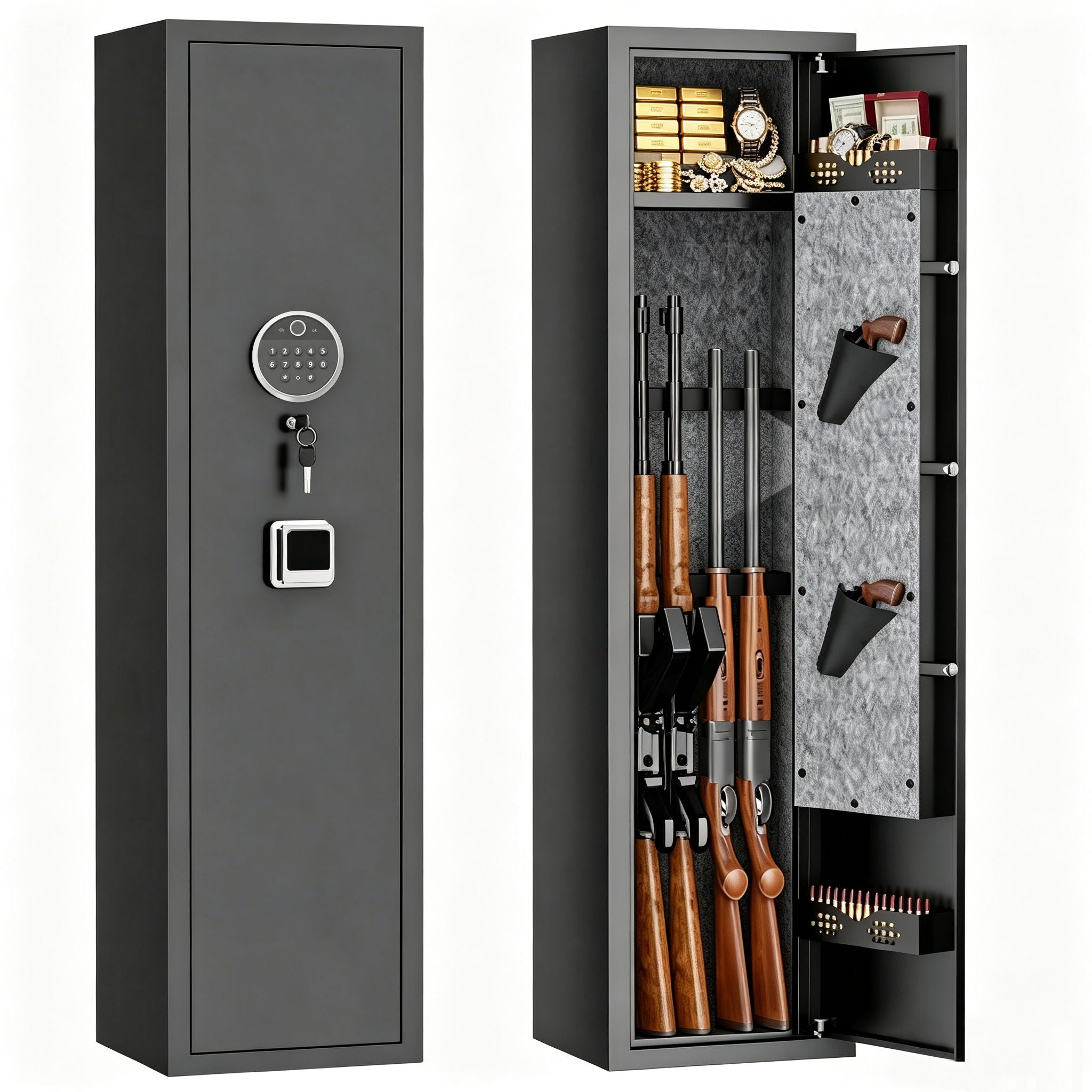 Rifle Safe, Biometric &amp; Keypad Lock, Adjustable Gun Racks With Built In Alarm System