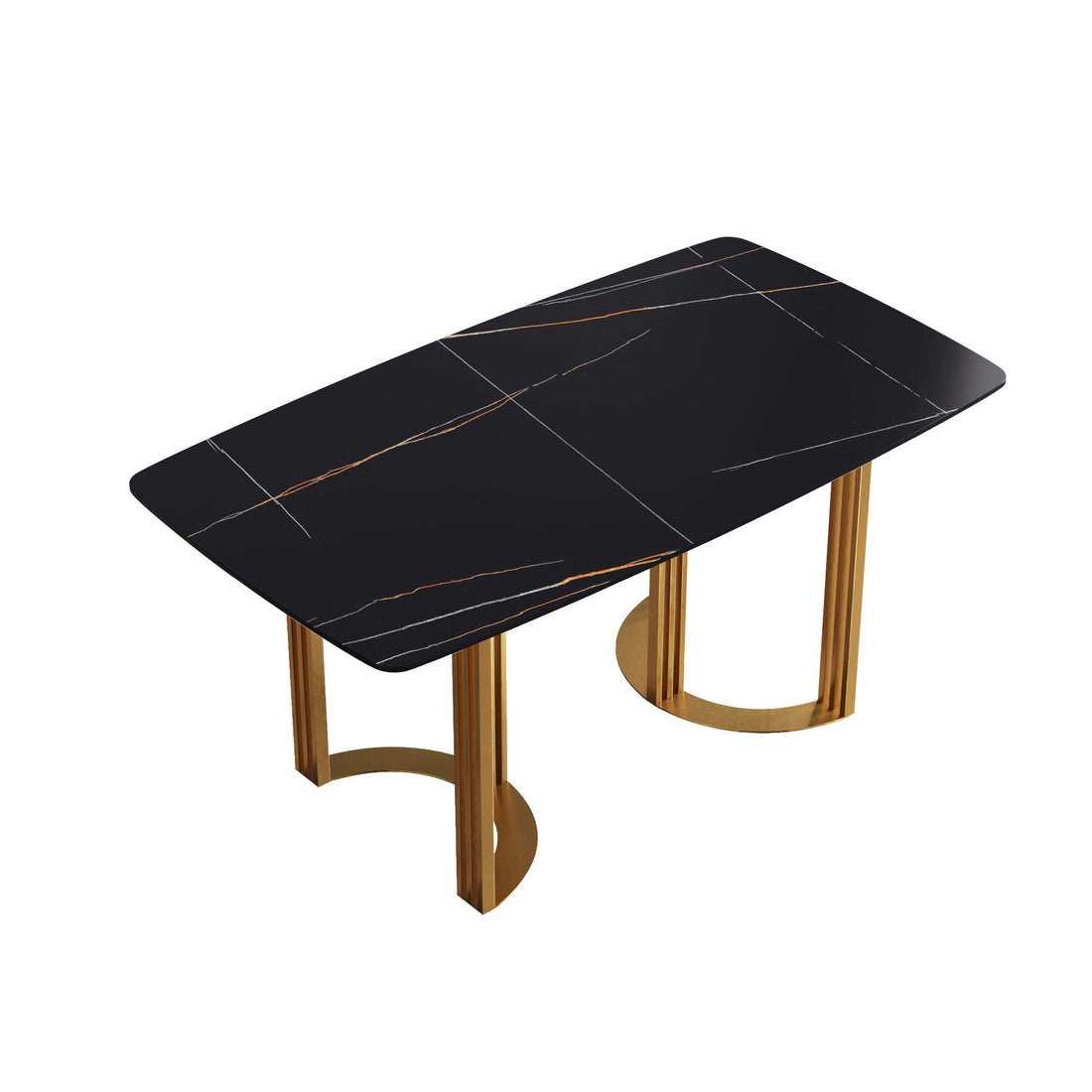 63&quot; Modern Artificial Stone Curved Golden Metal Leg Dining Table, 6 People - Black / Gold
