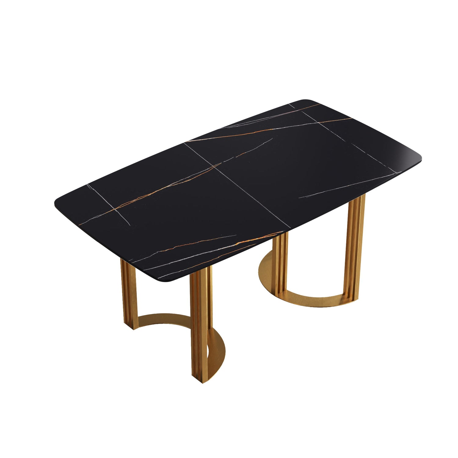 63&quot; Modern Artificial Stone Curved Golden Metal Leg Dining Table, 6 People - Black / Gold