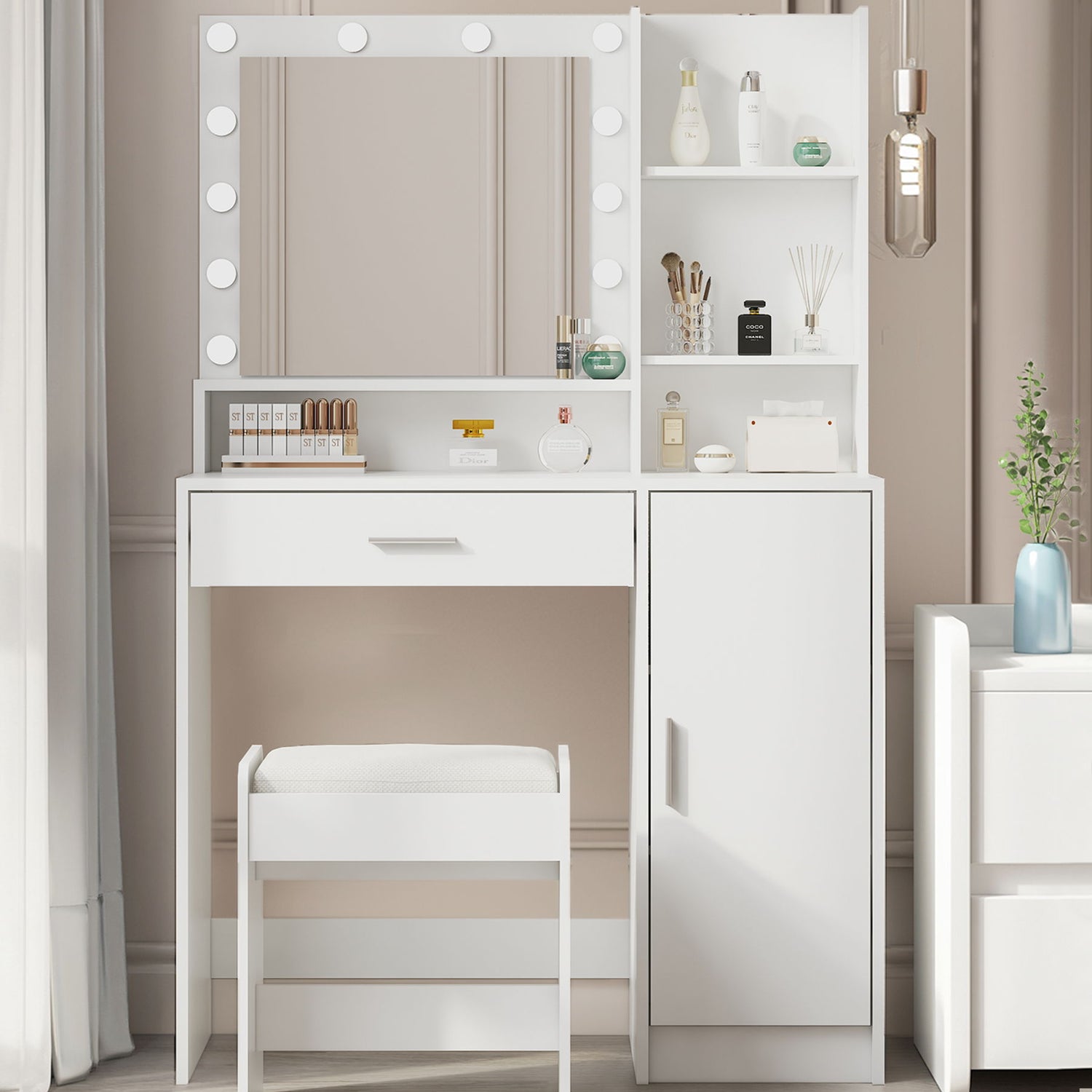 Vanity Desk With Mirror &amp; Light, Large Drawer Three Level Storage Dresser, 3 Lighting Modes Adjustable Brightness, Bedroom Dressing Table (With Stool) - White