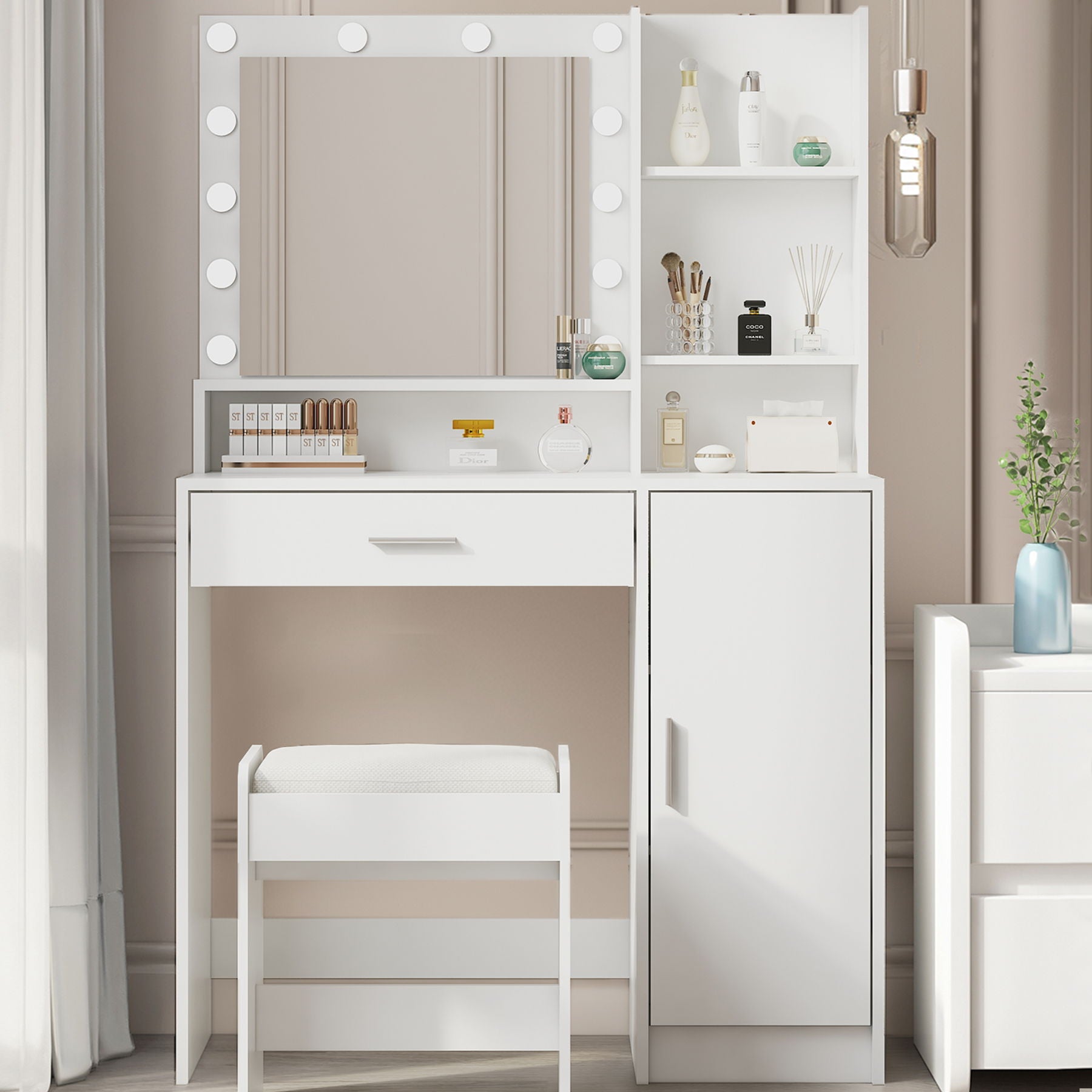 Vanity Desk With Mirror &amp; Light, Large Drawer Three Level Storage Dresser, 3 Lighting Modes Adjustable Brightness, Bedroom Dressing Table (With Stool) - White
