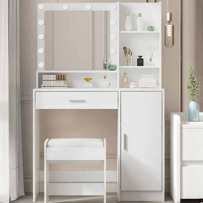 Vanity Desk With Mirror &amp; Light, Large Drawer Three Level Storage Dresser, 3 Lighting Modes Adjustable Brightness, Bedroom Dressing Table (With Stool) - White